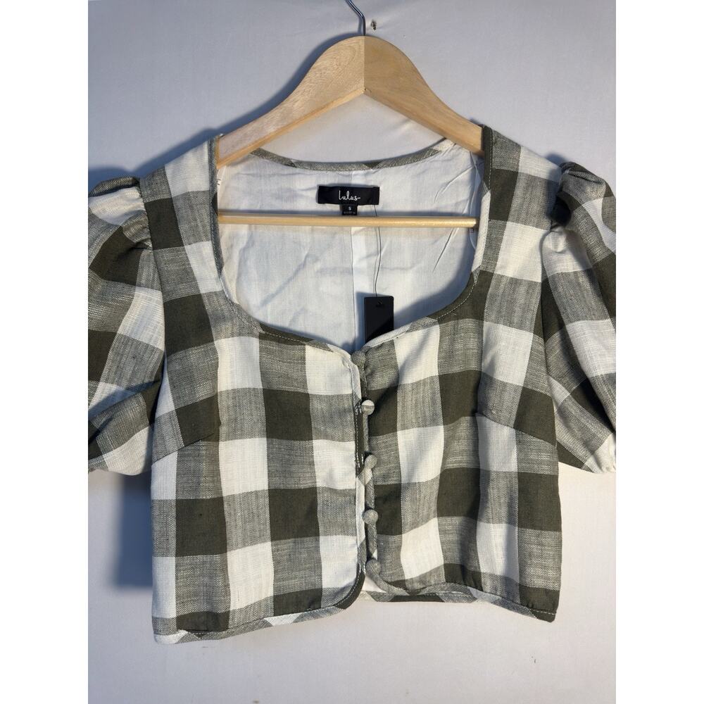 Lulus Cropped Puff Sleeve Sweetheart Blouse Green Gingham Linen Blend NWT S